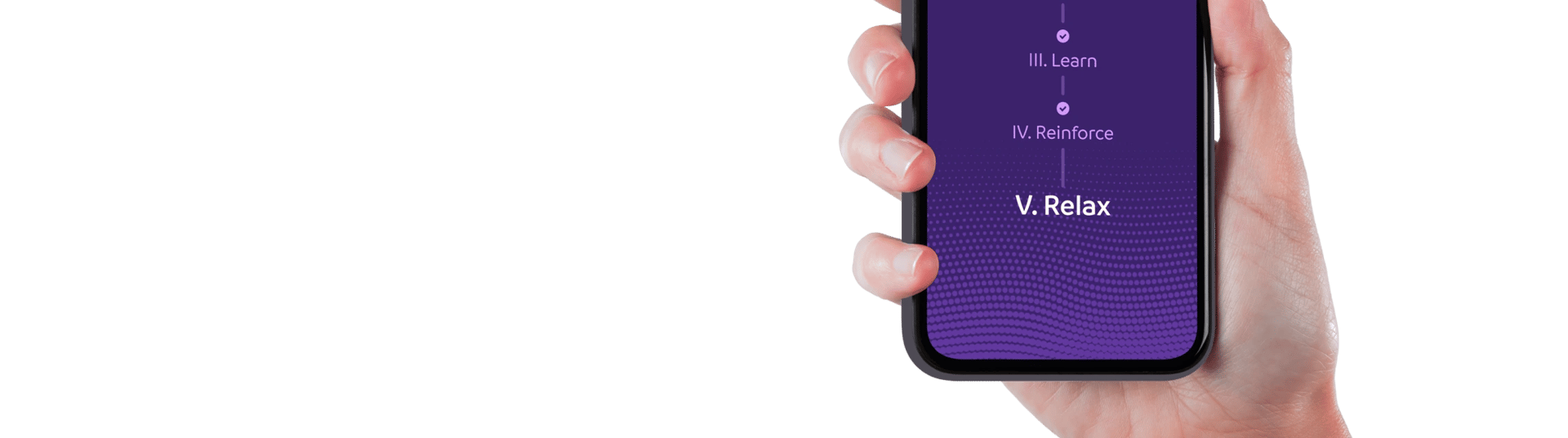 A human hand holding a smartphone. Remedee app on the screen shows a second part of the user journey. Number 3 -