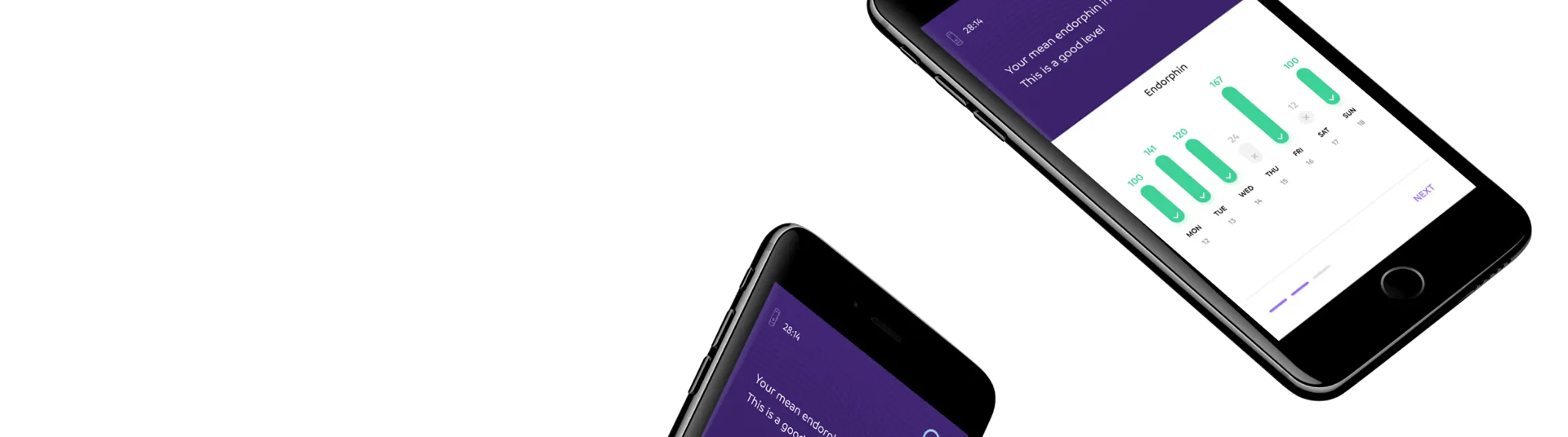 Two smartphones against a purple background. Both phone screens display screenshots from the Remedee app showing various endorphin levels.