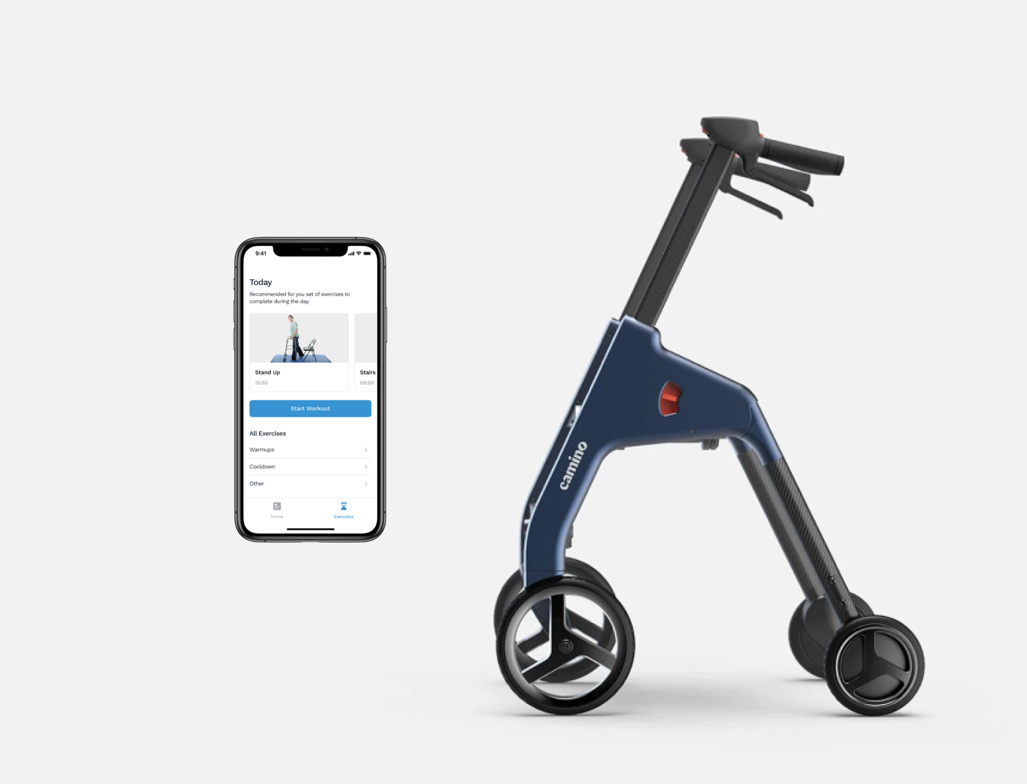 Smart walker Camino next to a smartphone with Camino app on.