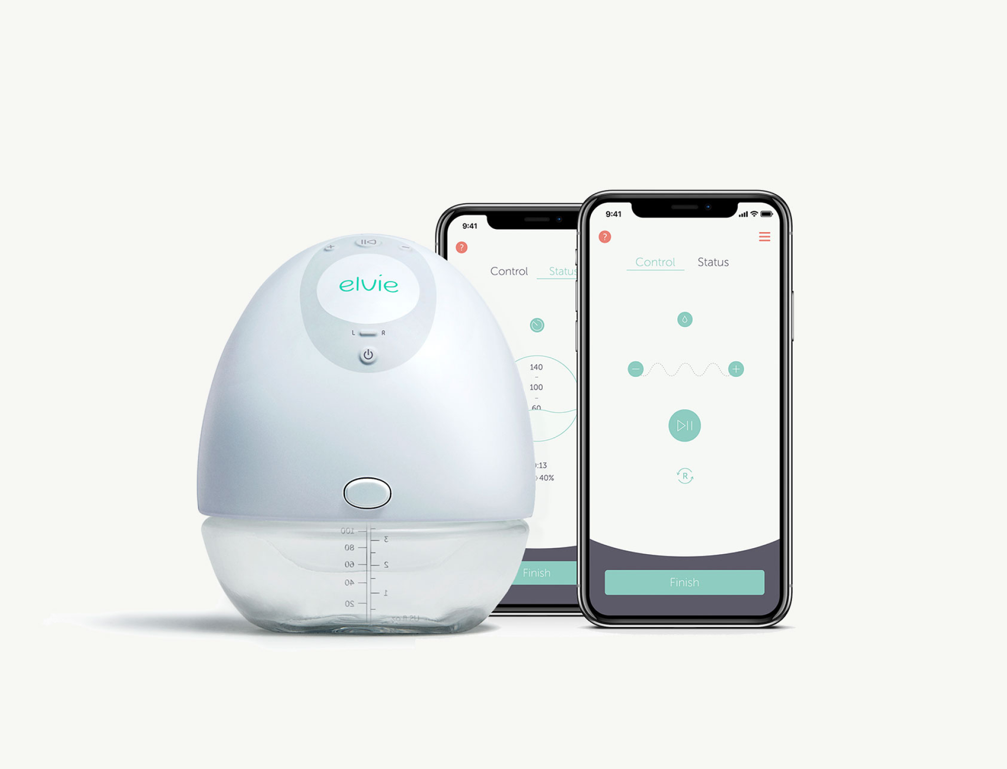 Smart breast pump Elvie next to a smartphone with an Elvie app on.