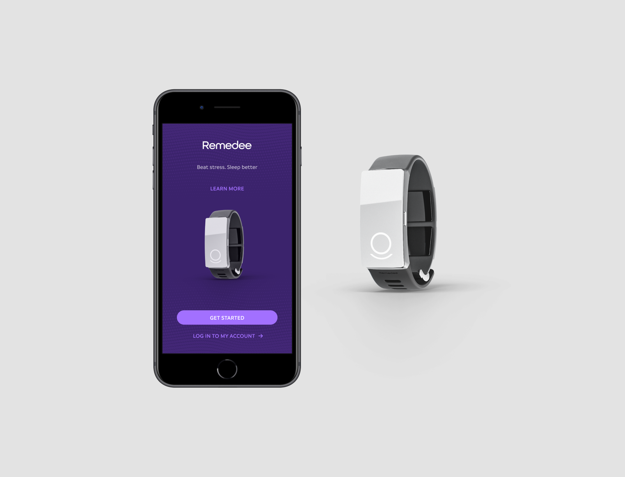 Remedee Labs wristbrand next to a smartphone with an Remedee Labs app on.