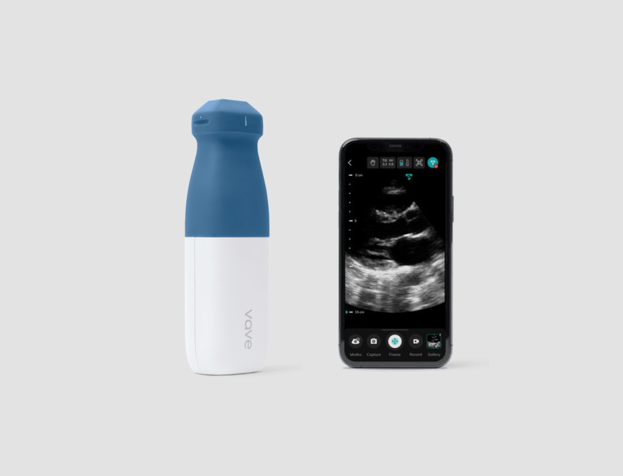 Vave portable ultrasound next to a smartphone with a Vave app on.