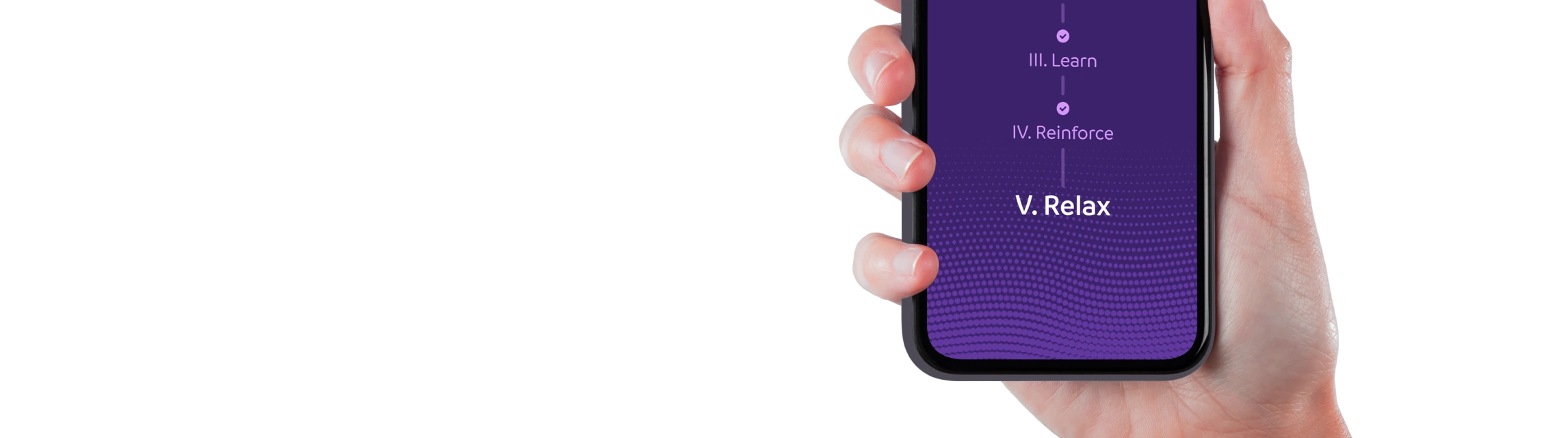 A human hand holding a smartphone. Remedee app on the screen shows a second part of the user journey. Number 3 -