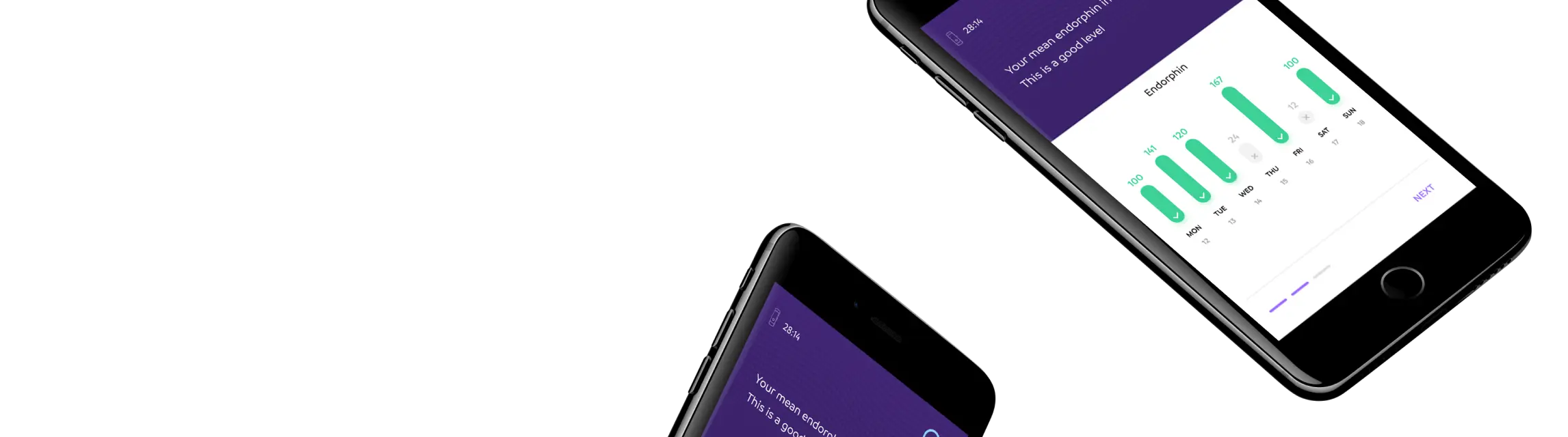 Two smartphones against a purple background. Both phone screens display screenshots from the Remedee app showing various endorphin levels.