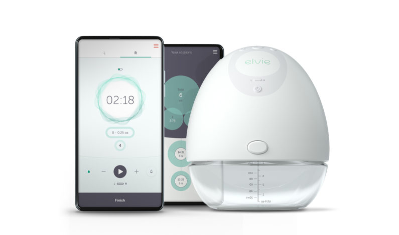A product photo. Elvie Pump and a smartphone displaying Elvie Pump app.