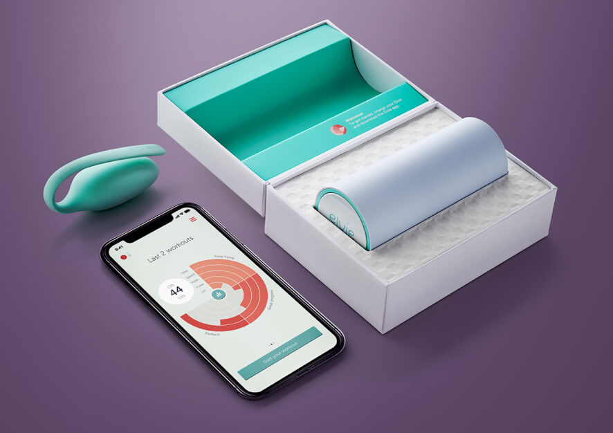 A product photo against a purple background. Elvie Trainer (hardware device and box with a charger) next to a phone shwoing a screenshot from Elvie Trainer app.