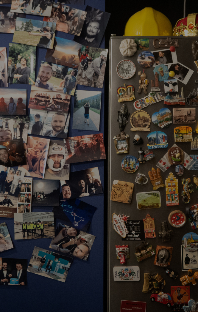 A fridge in the Untitled Kingdom office. The doors of the fridge are filled with magnets, postcards and photos. Just like at home.