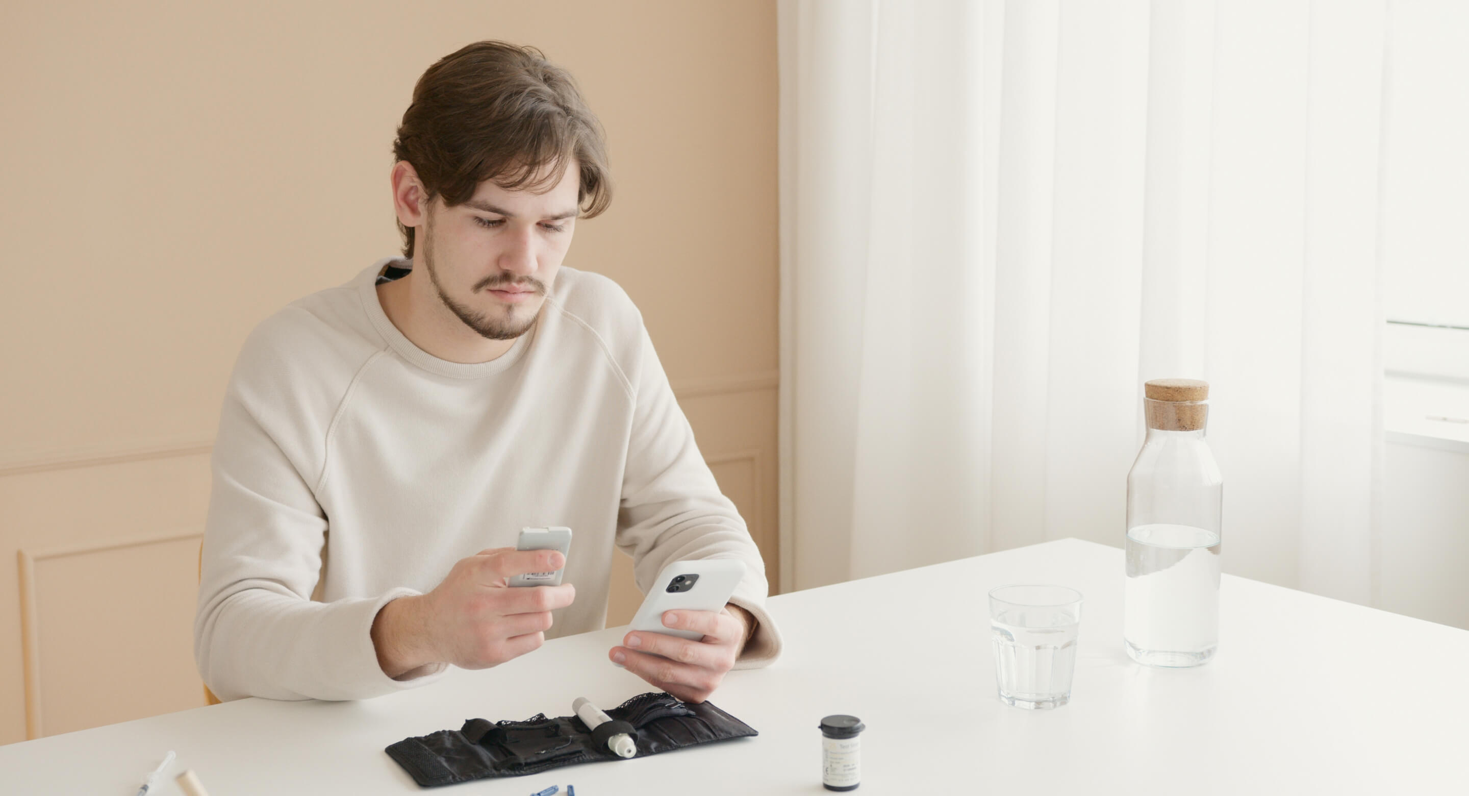 A white man using a mobile digital health app to count and dose his medicine, pills, and subscriptions.