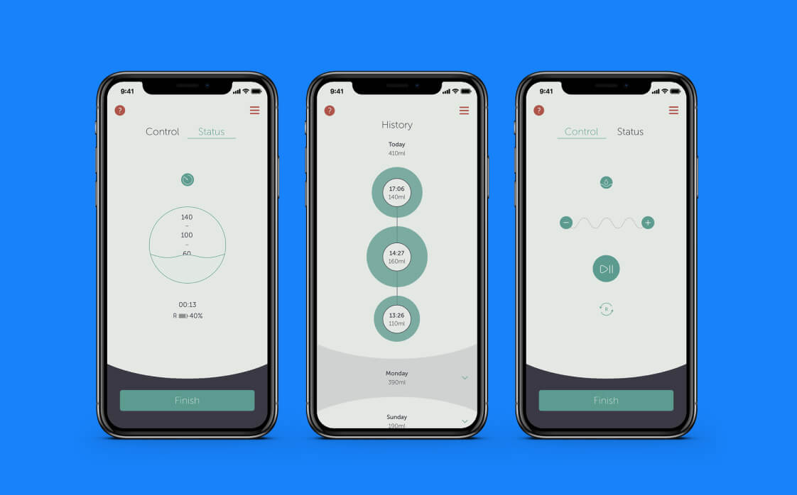 Three smartphones against a blue background. All phone screens displaying different screenshots from the Elvie Pump app.
